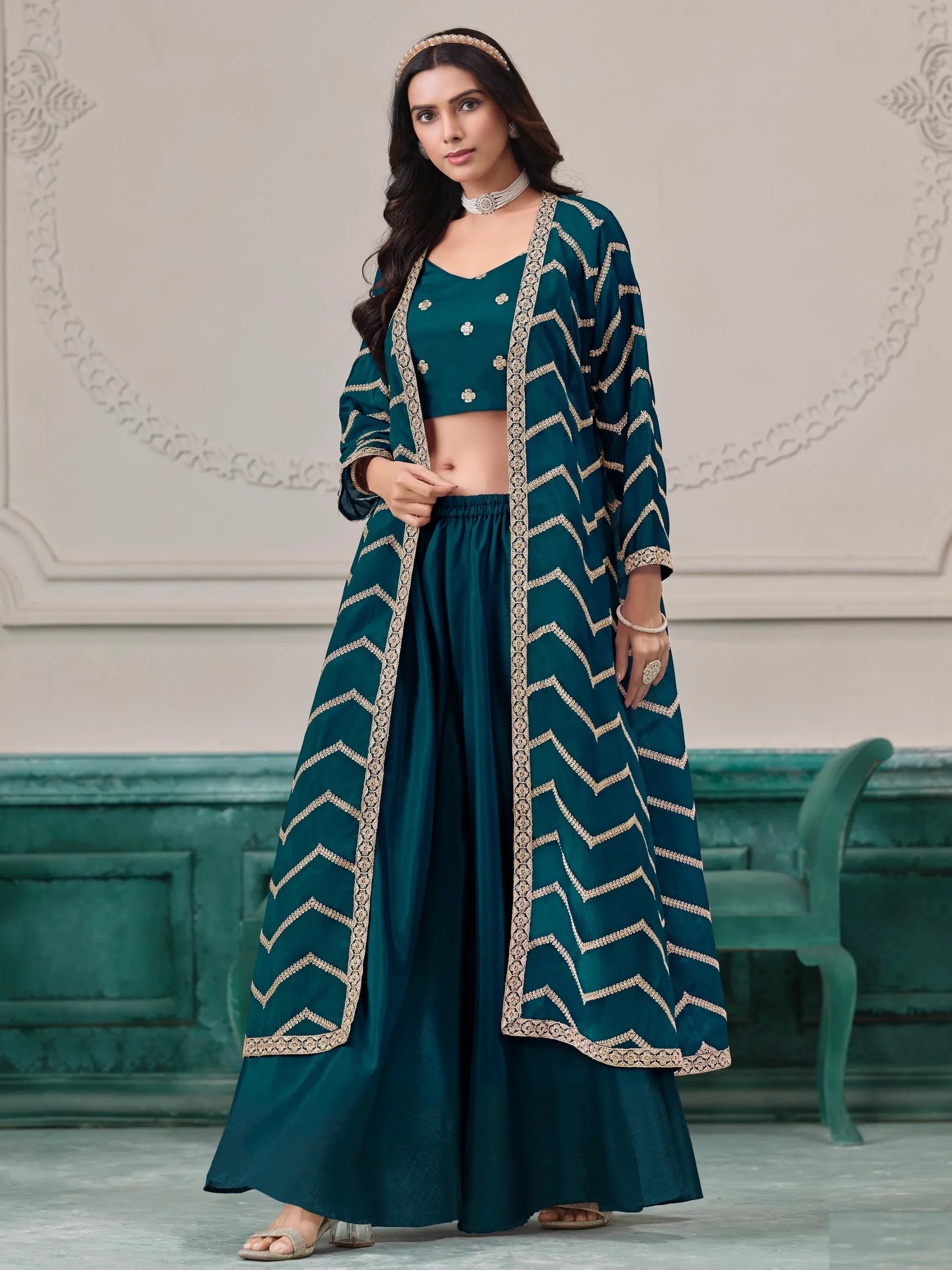 Notable Teal Green Chinon Engagement Wear Palazzo Suit With Jacket