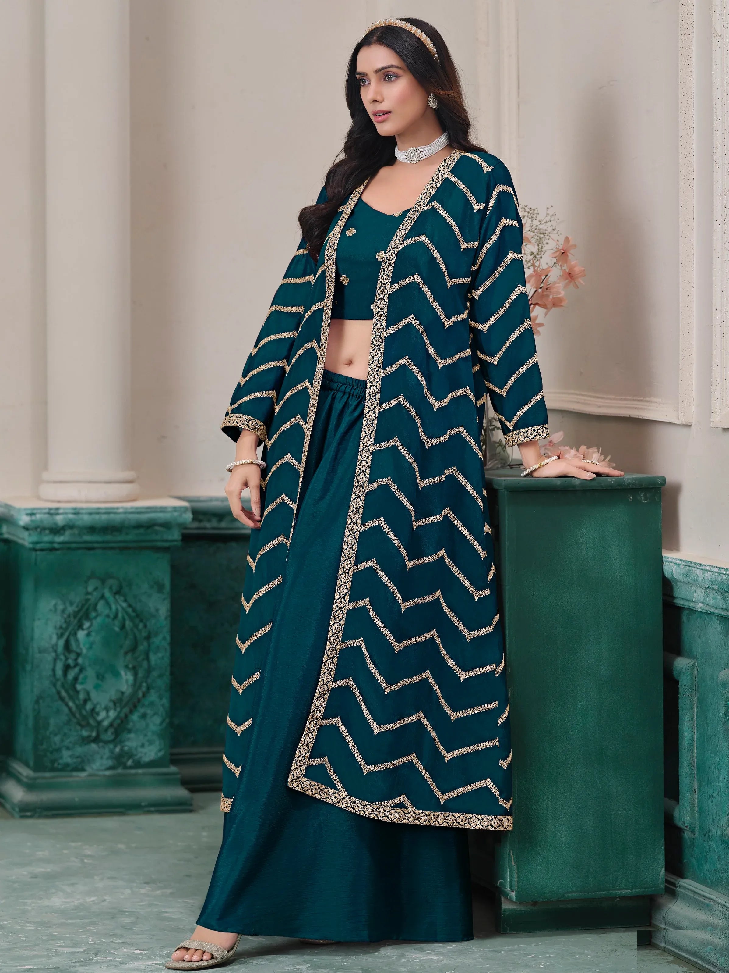 Notable Teal Green Chinon Engagement Wear Palazzo Suit With Jacket