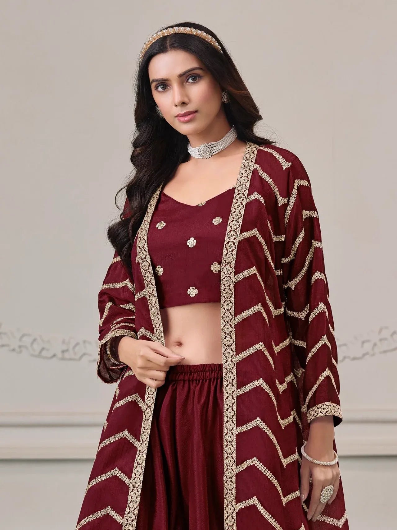 Lovable Maroon Dori Work Chinon Wedding Wear Palazzo Suit With Jacket