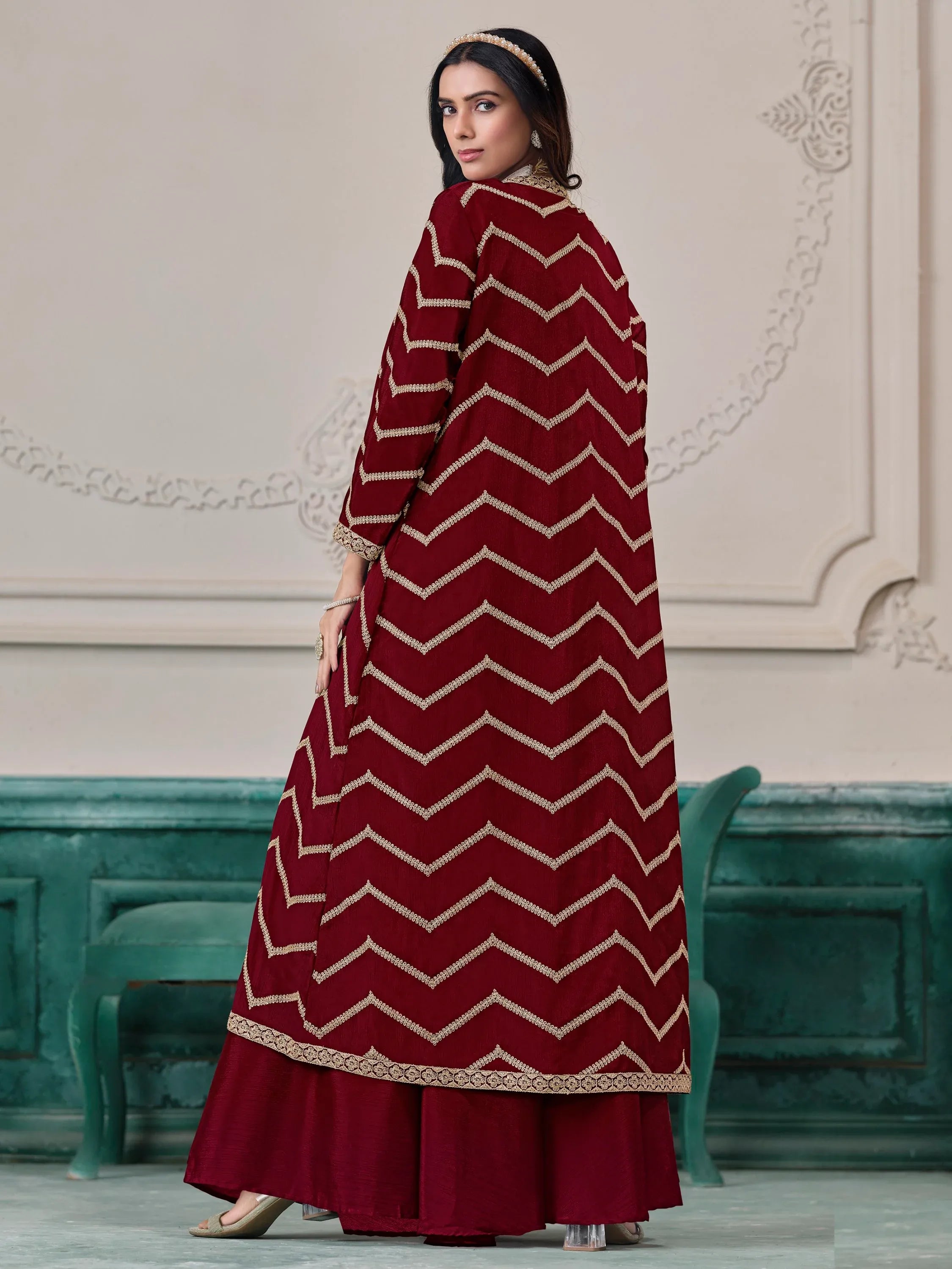 Lovable Maroon Dori Work Chinon Wedding Wear Palazzo Suit With Jacket