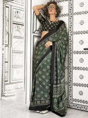 Amazing Green Printed Satin Traditional Wear Saree With Blouse