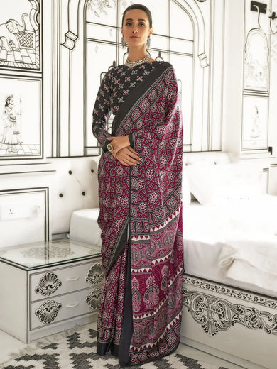 Attractive Maroon Printed Satin Traditional Wear Saree With Blouse
