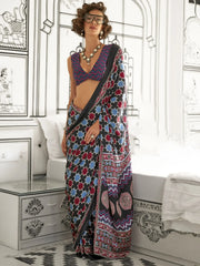 Gorgeous Black Printed Satin Traditional Wear Saree With Blouse