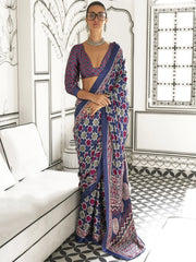 Beautiful Blue Printed Satin Traditional Wear Saree With Blouse