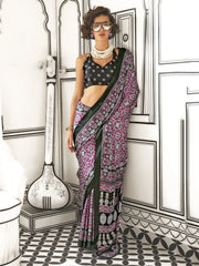 Awesome Wine Printed Satin Traditional Wear Saree With Blouse