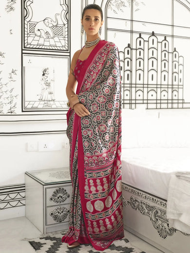 Precious Rani Pink Printed Satin Festival Wear Saree With Blouse