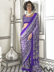 Attractive Violet Printed Satin Wedding Wear Saree With Blouse