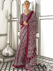 Adorable Maroon Printed Satin Wedding Wear Saree With Blouse