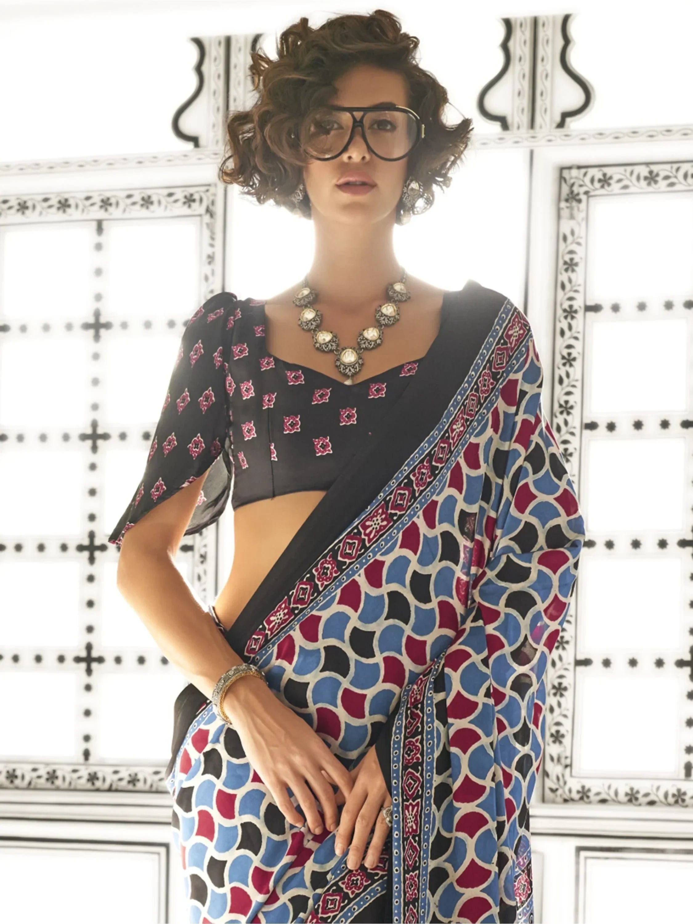 Attractive Light Sky Blue Printed Satin Wedding Wear Saree With Blouse