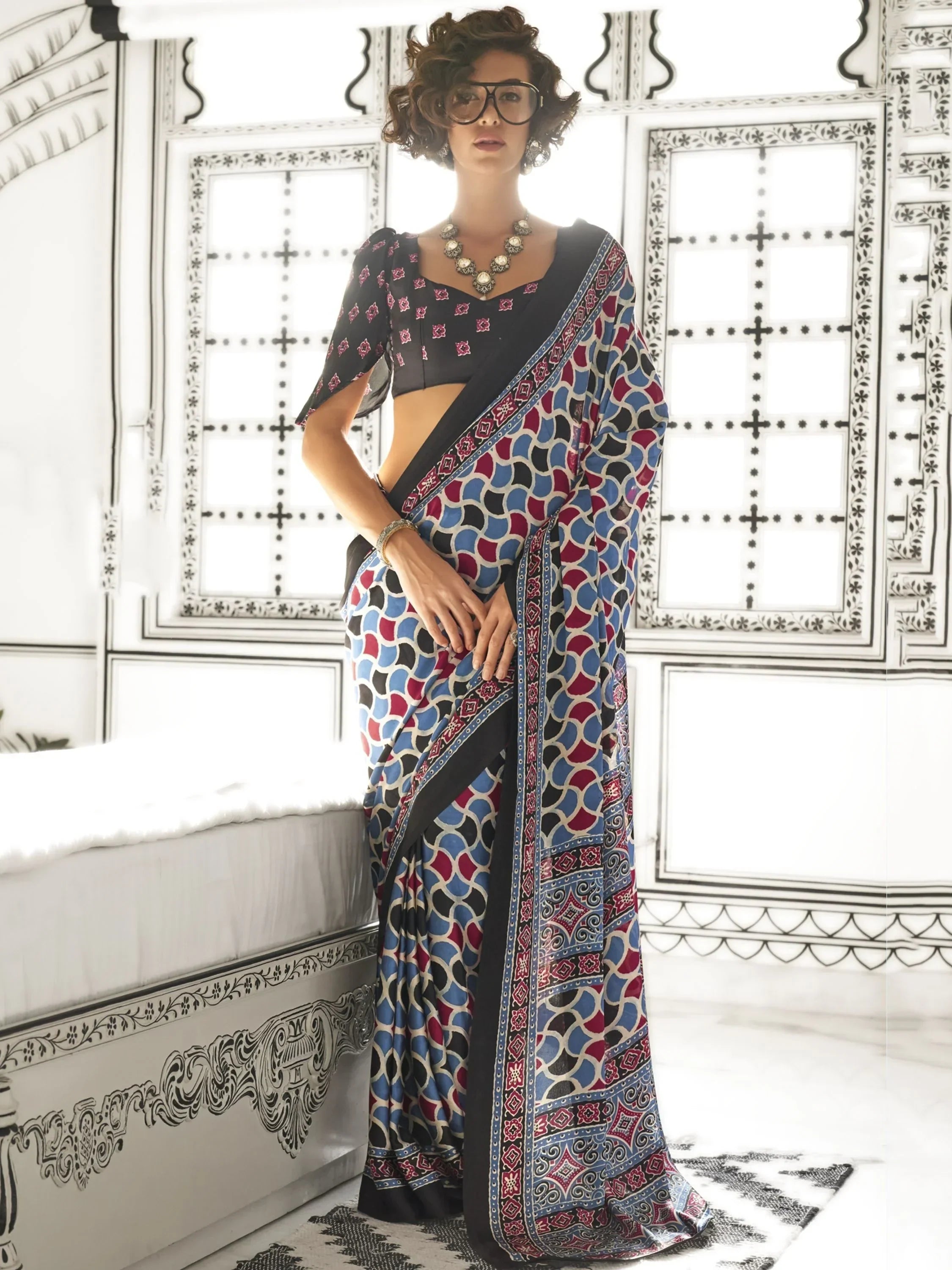 Attractive Light Sky Blue Printed Satin Wedding Wear Saree With Blouse