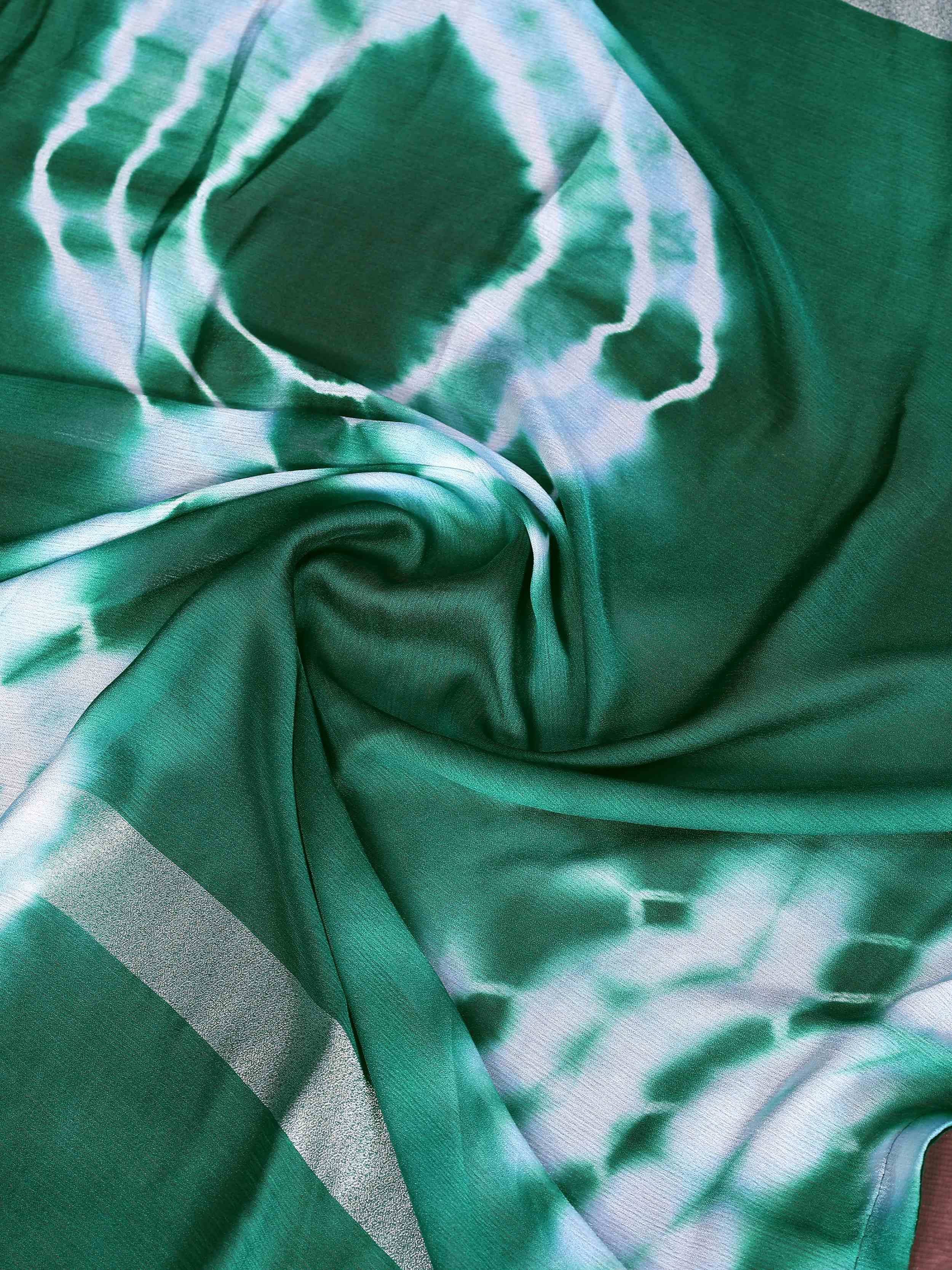 Emerald green tie-dye ethnic gown fabric with silver stripe detail