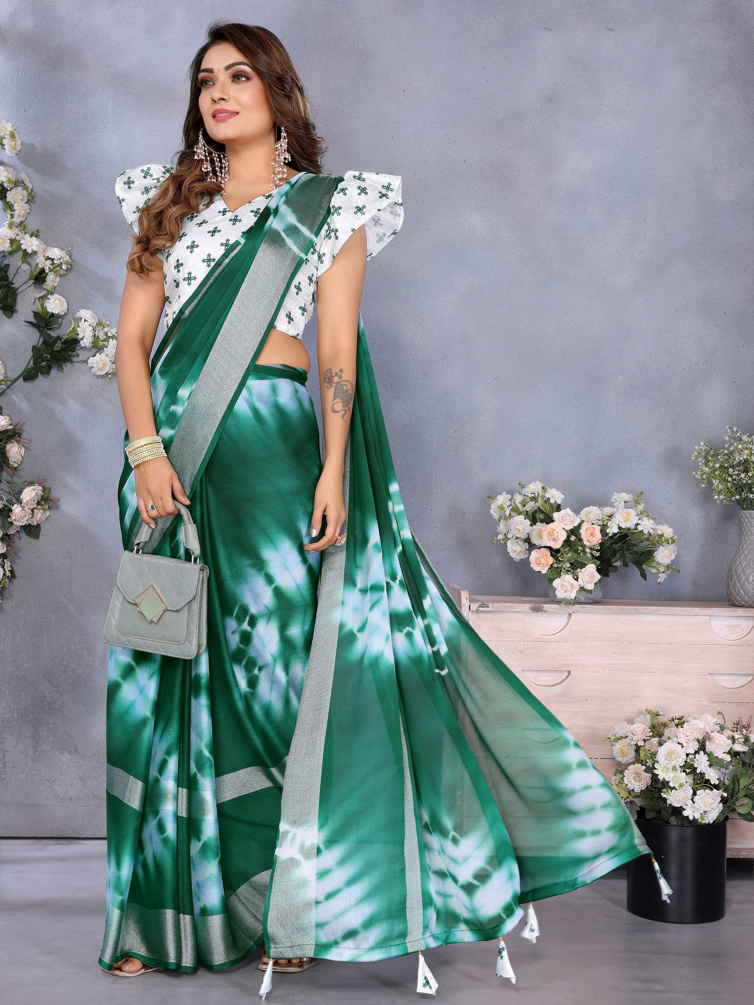Pretty Green Shibori Printed Shaded Saree With Blouse