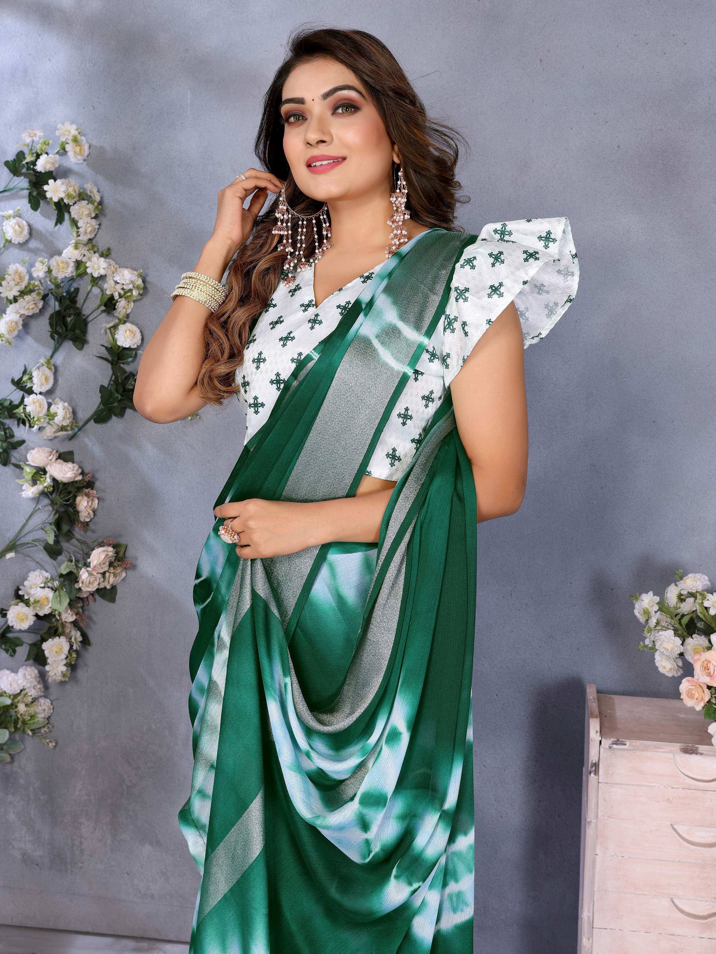 Green and white tie-dye saree with printed blouse, ethnic Indian wear for women