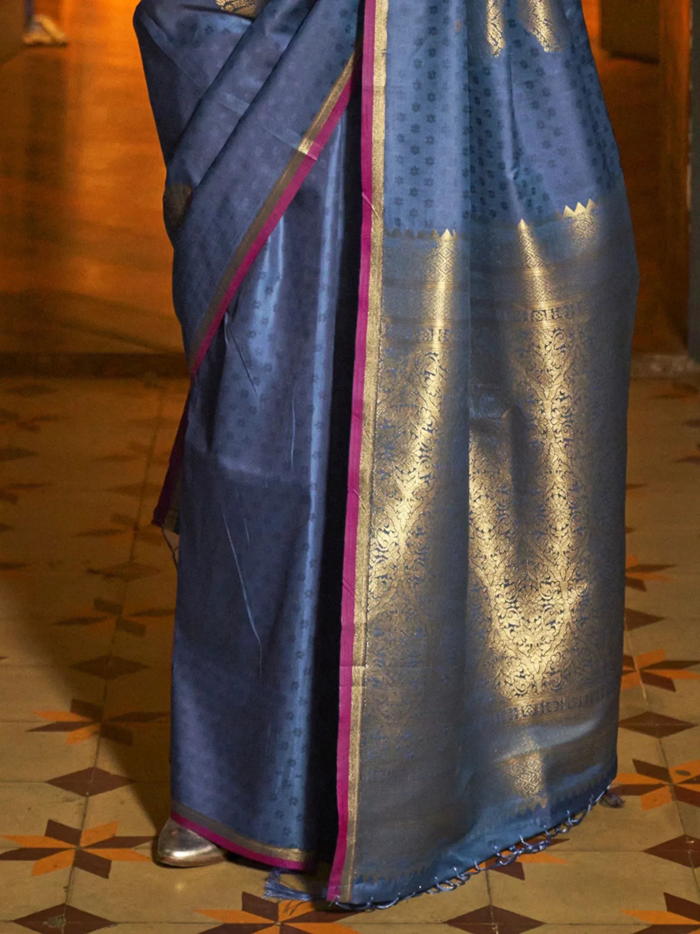 Blue silk saree with gold zari border and pink trim, traditional Indian ethnic wear