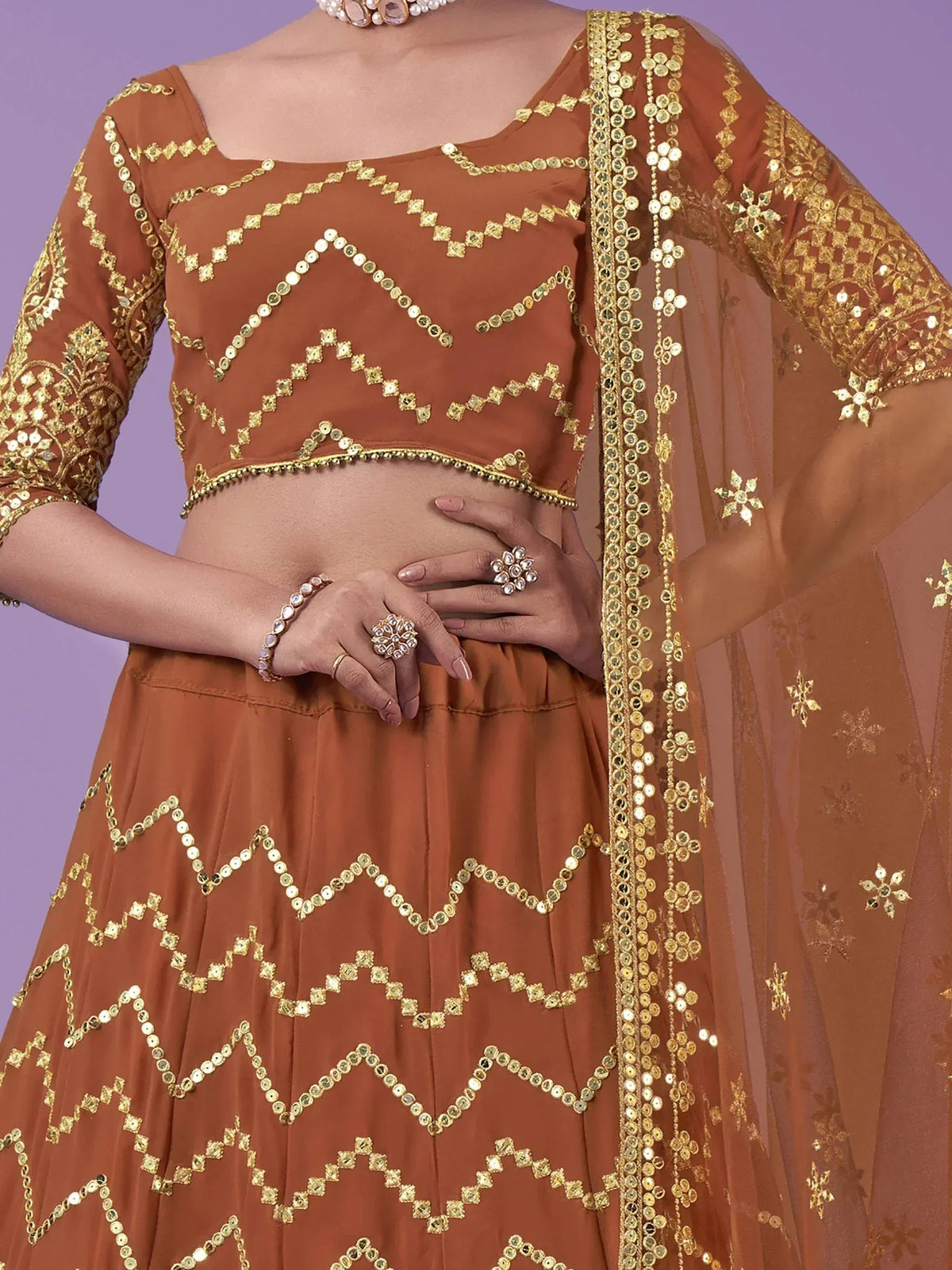 Brown lehenga choli with gold mirror work and floral dupatta for ethnic wear
