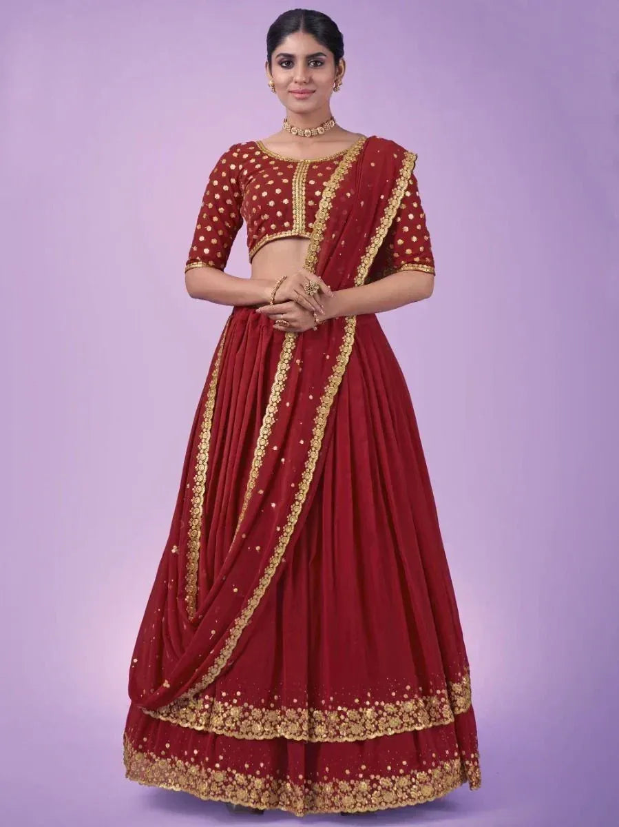 Red and gold embroidered lehenga choli with dupatta, Indian ethnic wear for weddings and festivals