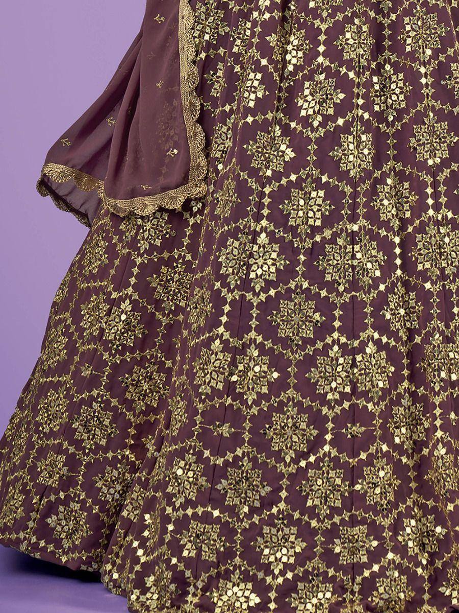 Purple lehenga with gold floral embroidery and sequin work, perfect for Indian ethnic wear occasions