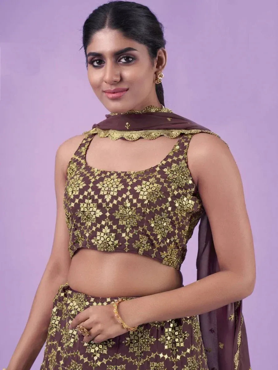 Brown and gold embroidered lehenga choli with matching dupatta, Indian ethnic wear