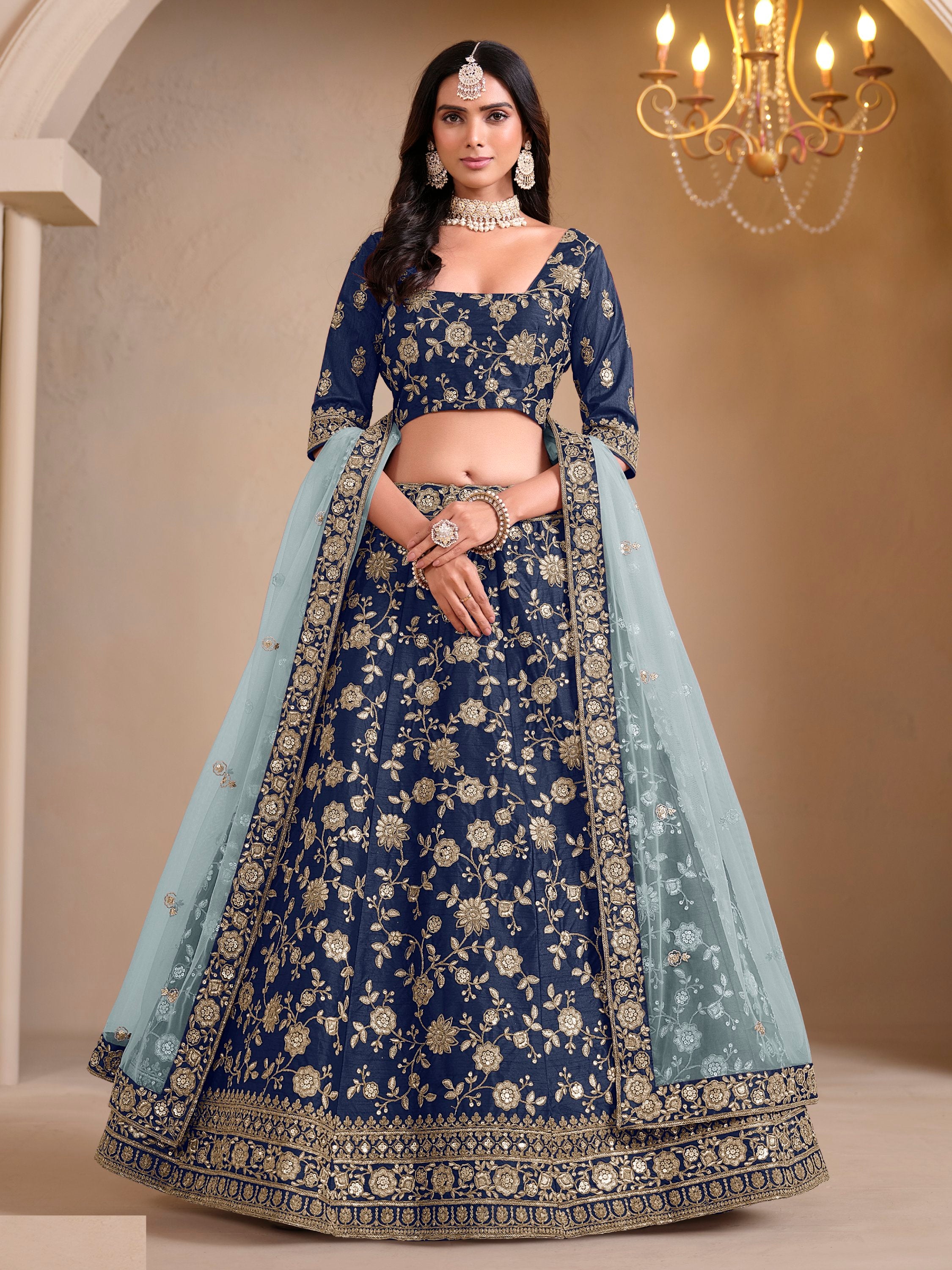 Fantastic Navy Blue Sequins Silk Traditional Lehenga Choli With Dupatta