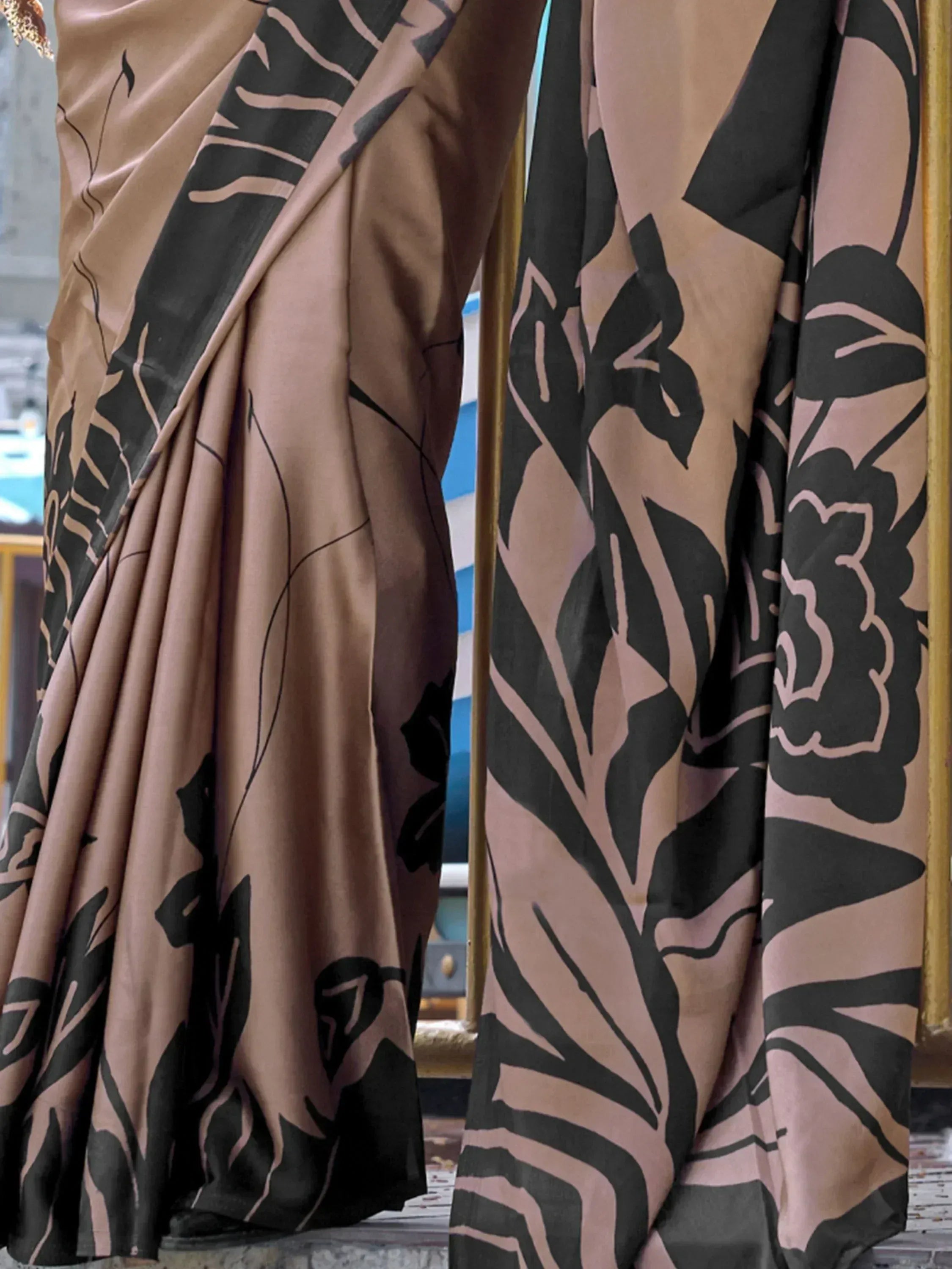 Attractive Rosy Brown Printed Satin Function Wear Saree With Blouse