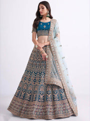 Sumptuous Teal Blue Cording Work Net Bridal Lehenga Choli