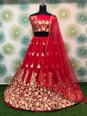 Alluring Red Net Floral Embroidered Wedding Wear Lehenga Choli