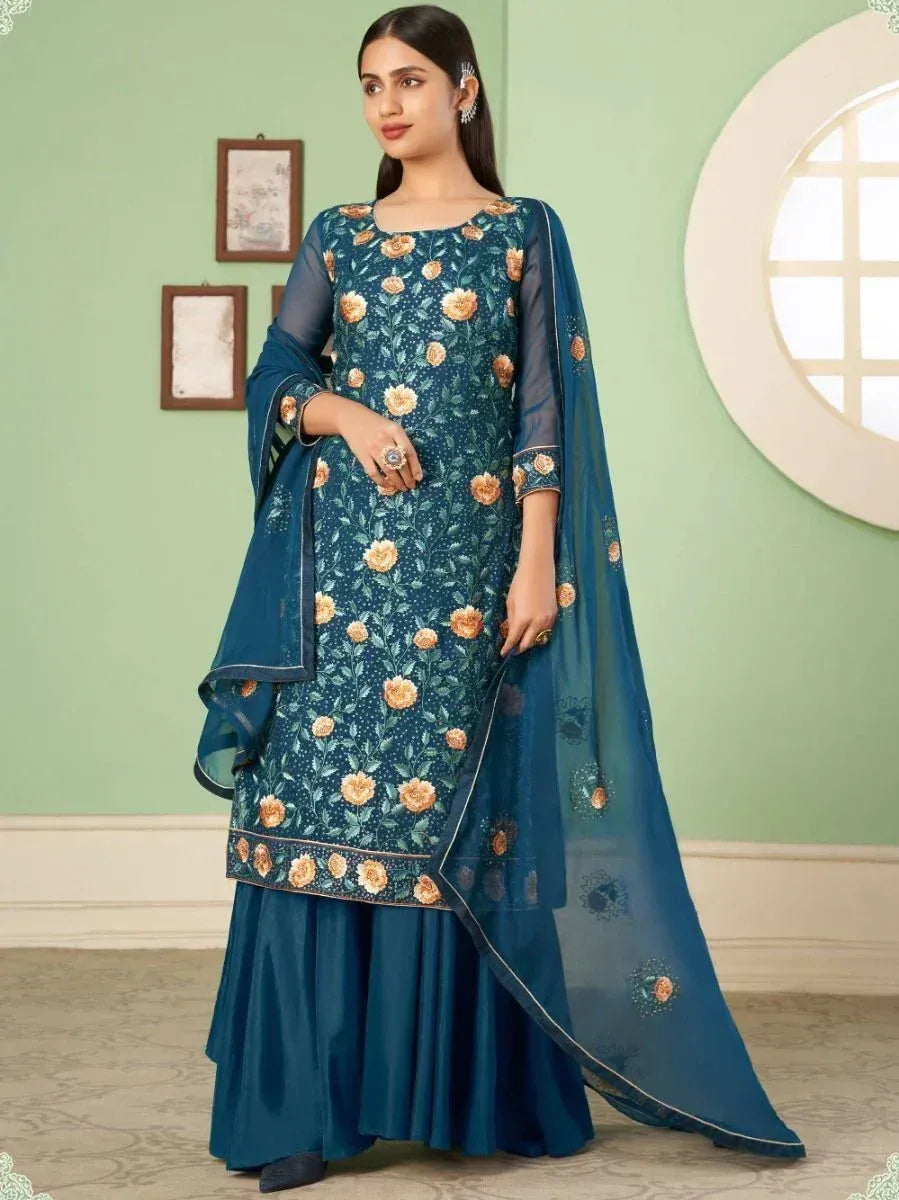 Teal floral embroidered salwar kameez with matching dupatta, Indian ethnic wear for women