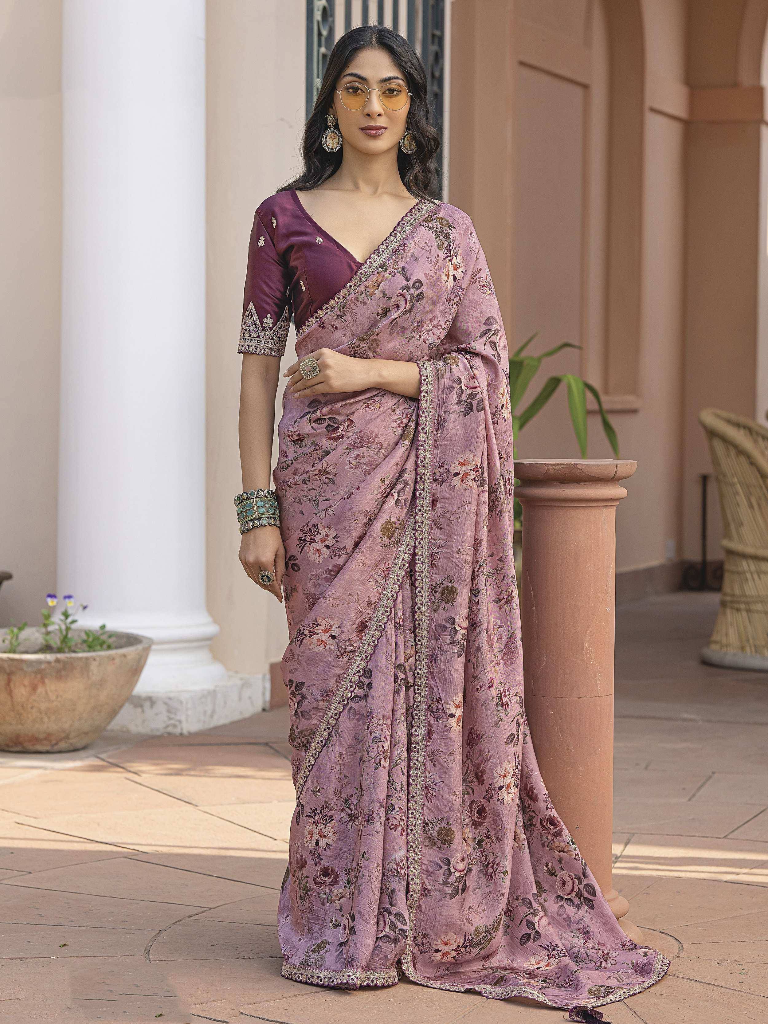 Purple floral printed saree with embroidered border and matching blouse, Indian ethnic wear