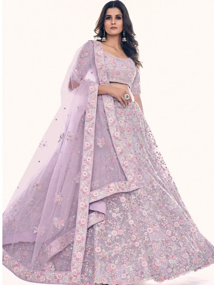Lavender floral embroidered lehenga choli with sheer dupatta, perfect for weddings and festive occasions