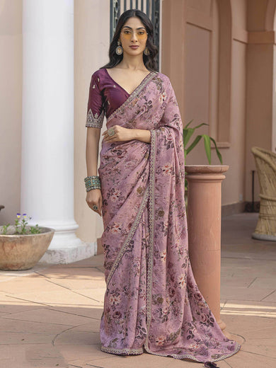Regal Light Pink Border Work Silk Party Wear Saree With Blouse