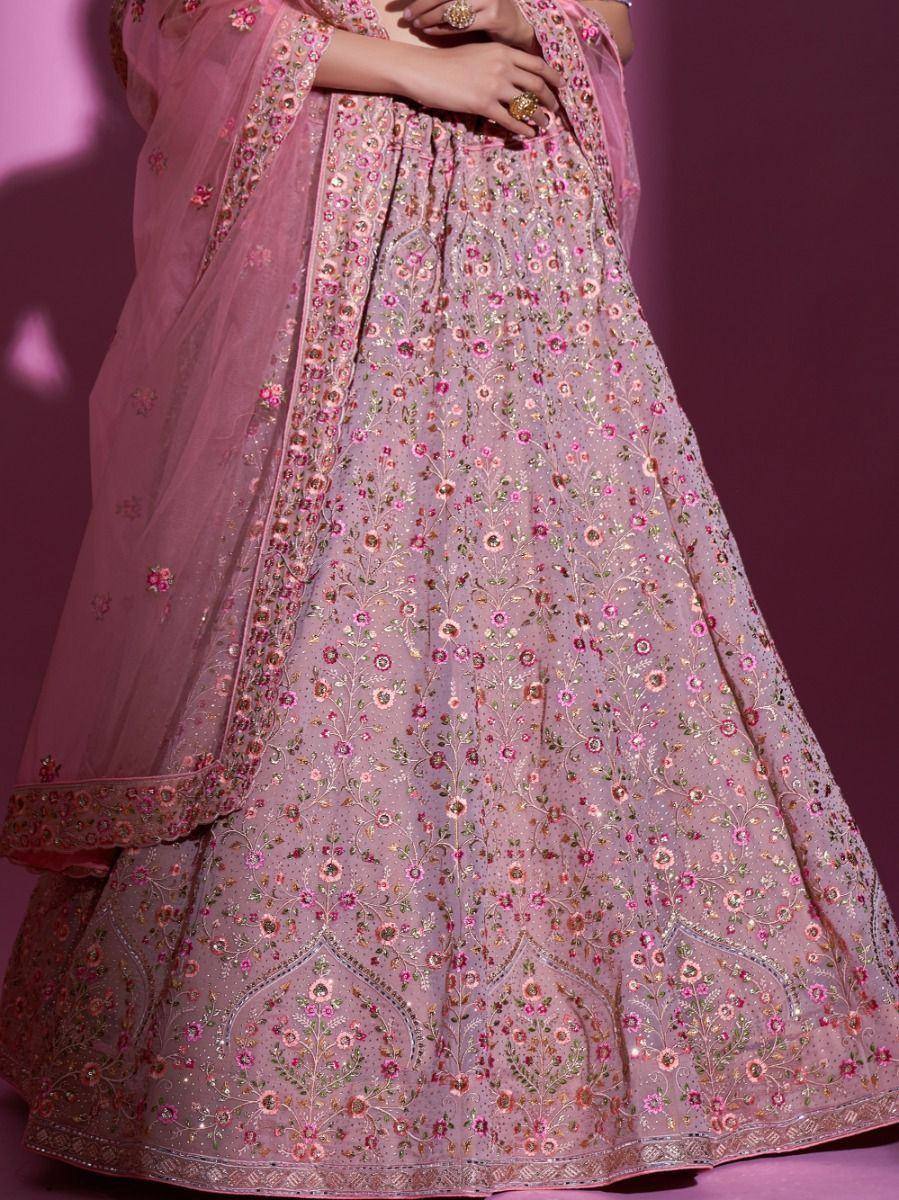 Pink floral embroidered lehenga choli with sheer dupatta, Indian ethnic wear for weddings