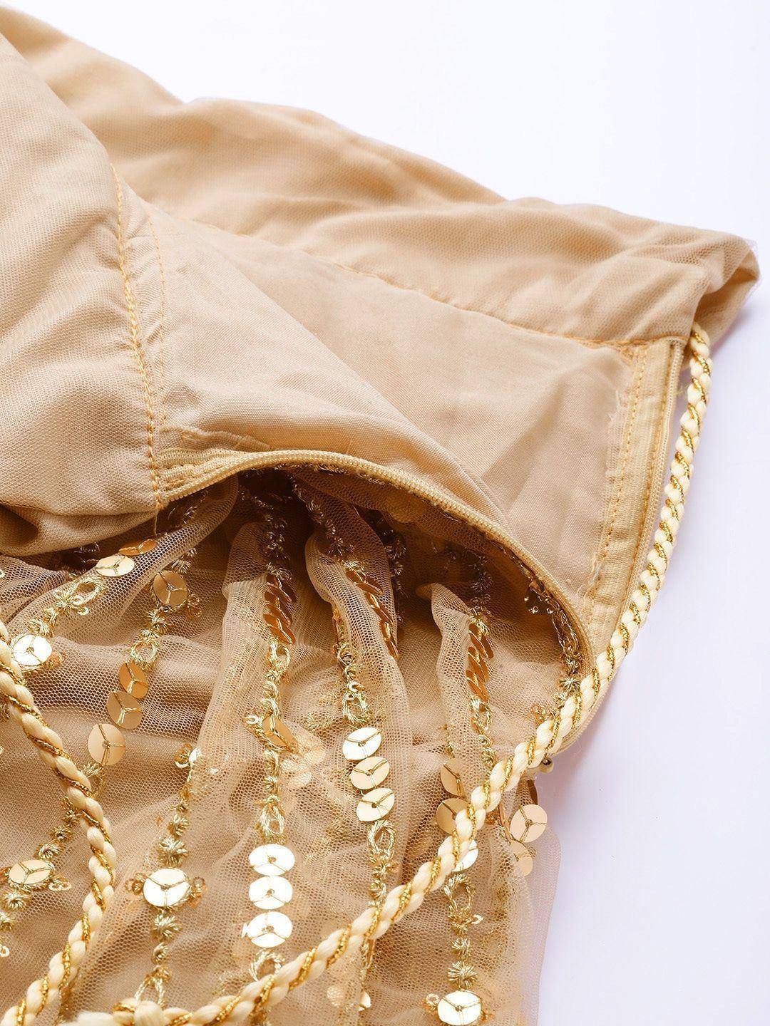 Beige ethnic gown with gold sequin and thread embroidery detail