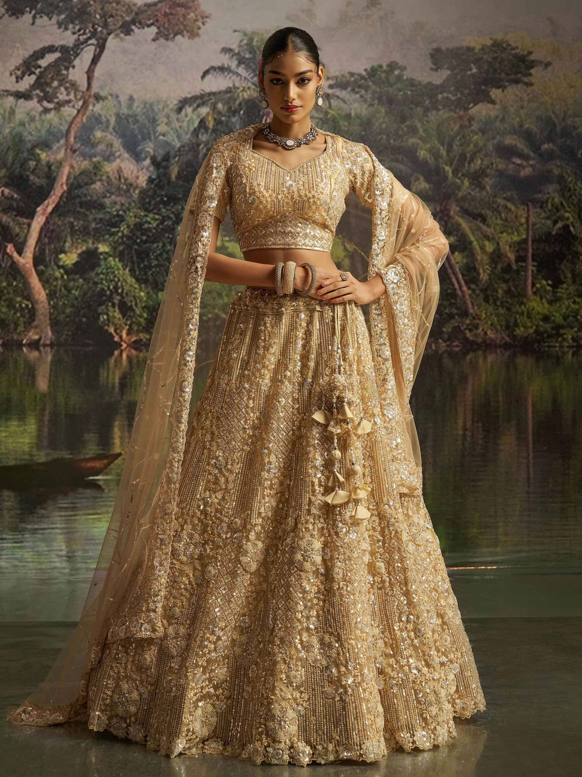 Gold embroidered lehenga choli with dupatta, Indian ethnic wear for weddings and festivals