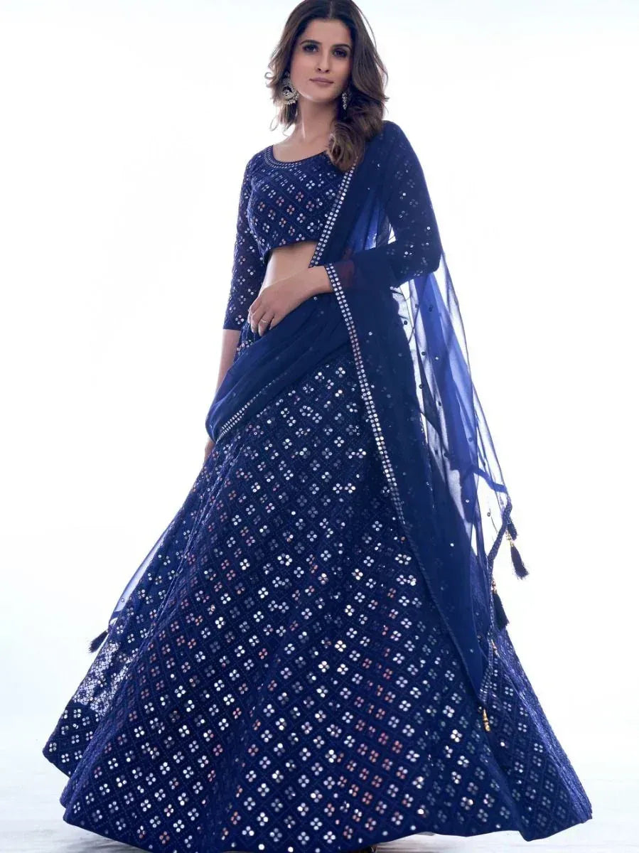 Navy blue mirror work lehenga choli with sheer dupatta, ethnic Indian wear for weddings and parties