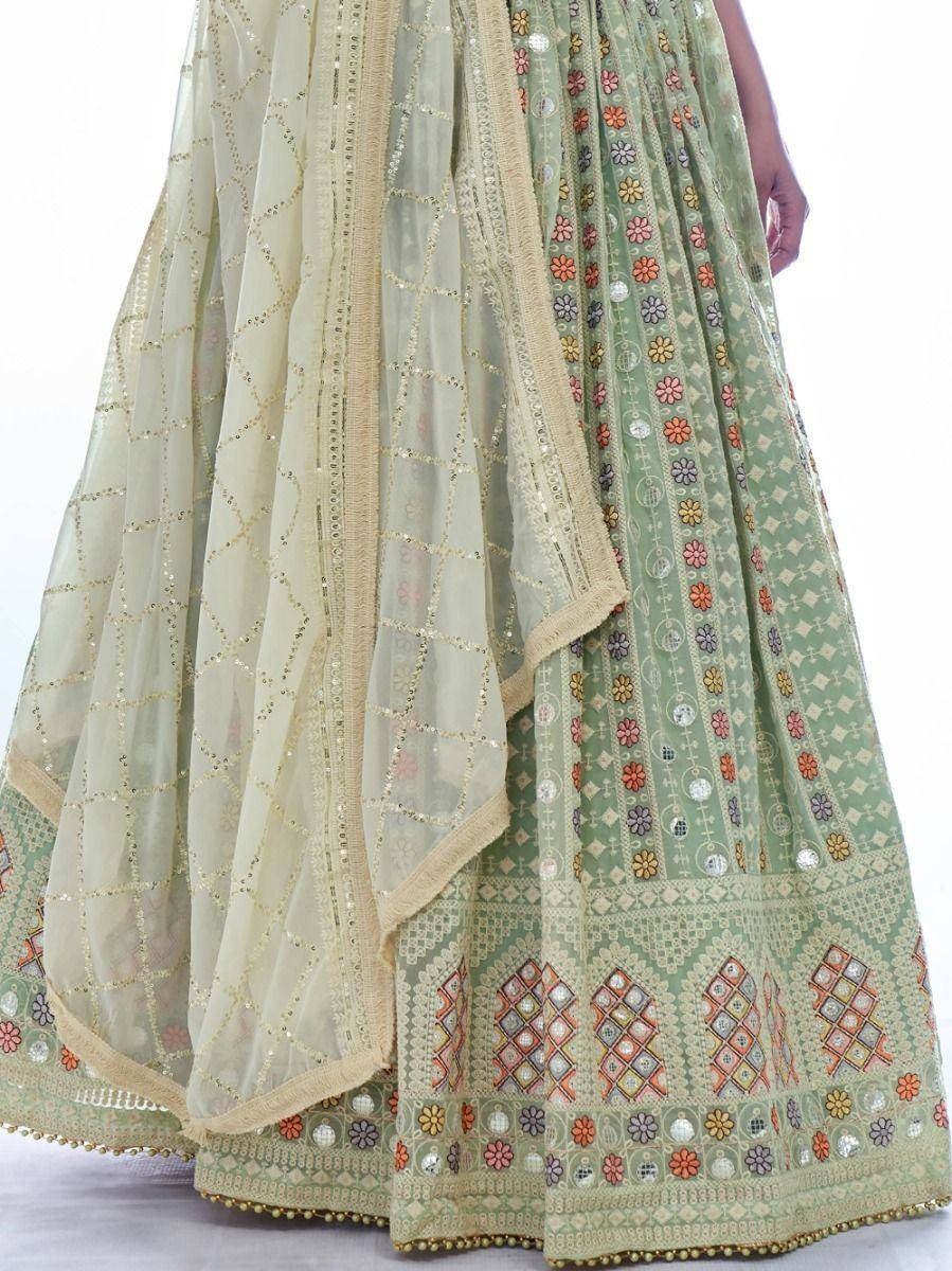 Mint green embroidered lehenga with floral mirror work and sheer dupatta, Indian ethnic wear