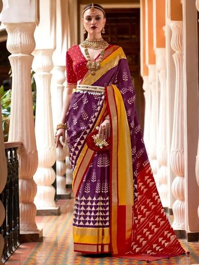 Glamorous Purple & Red Patola Printed Silk Reception Wear Saree
