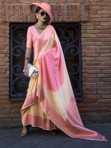Fetching Cream Handloom Weaving Silk Event Wear Saree With Blouse
