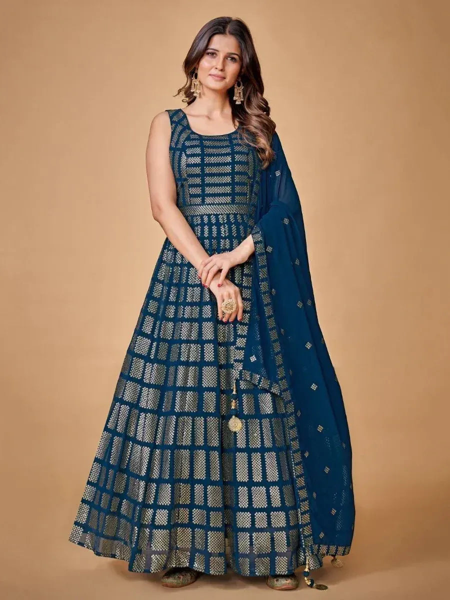 Blue ethnic anarkali gown with gold geometric print and matching dupatta, perfect for Indian occasions