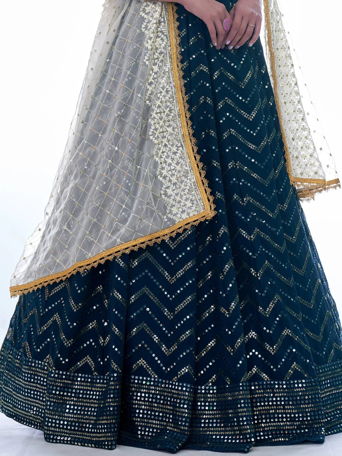Teal sequin lehenga with chevron pattern and sheer embroidered dupatta, Indian ethnic wear