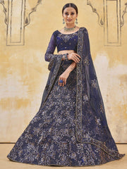 Outstanding Navy Blue Sequins Embroidered Net Party Wear Lehenga Choli