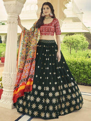 Spectacular Dark Green Sequins Work Georgette Lehenga With Printed Dupatta