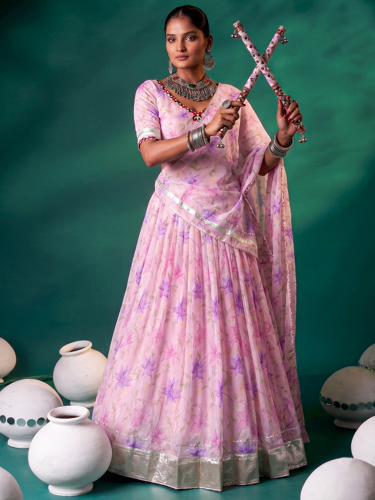 Artistic Pink Floral Printed Silk Wedding Wear Lehenga Choli With Dupatta