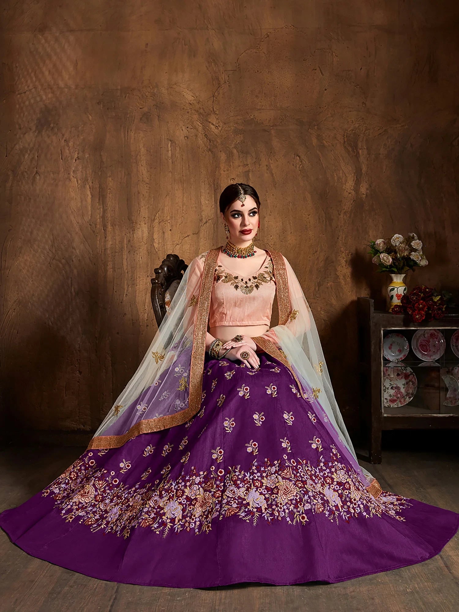 Gorgeous Purple Embroidered Silk Bridesmaid Plus Size Lehenga Choli