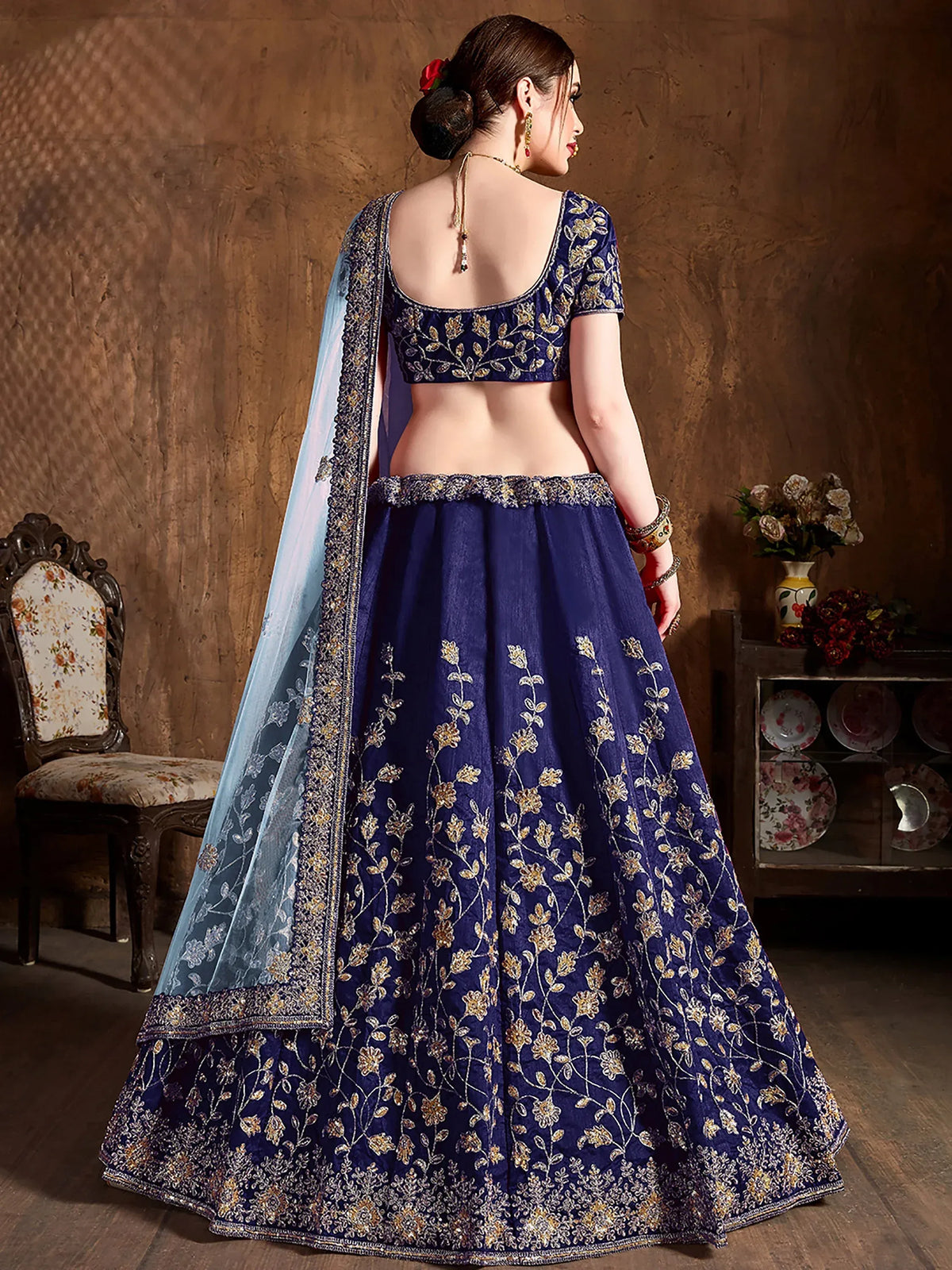 Attractive Blue Embroidered Silk Bridesmaid Plus Size Lehenga Choli