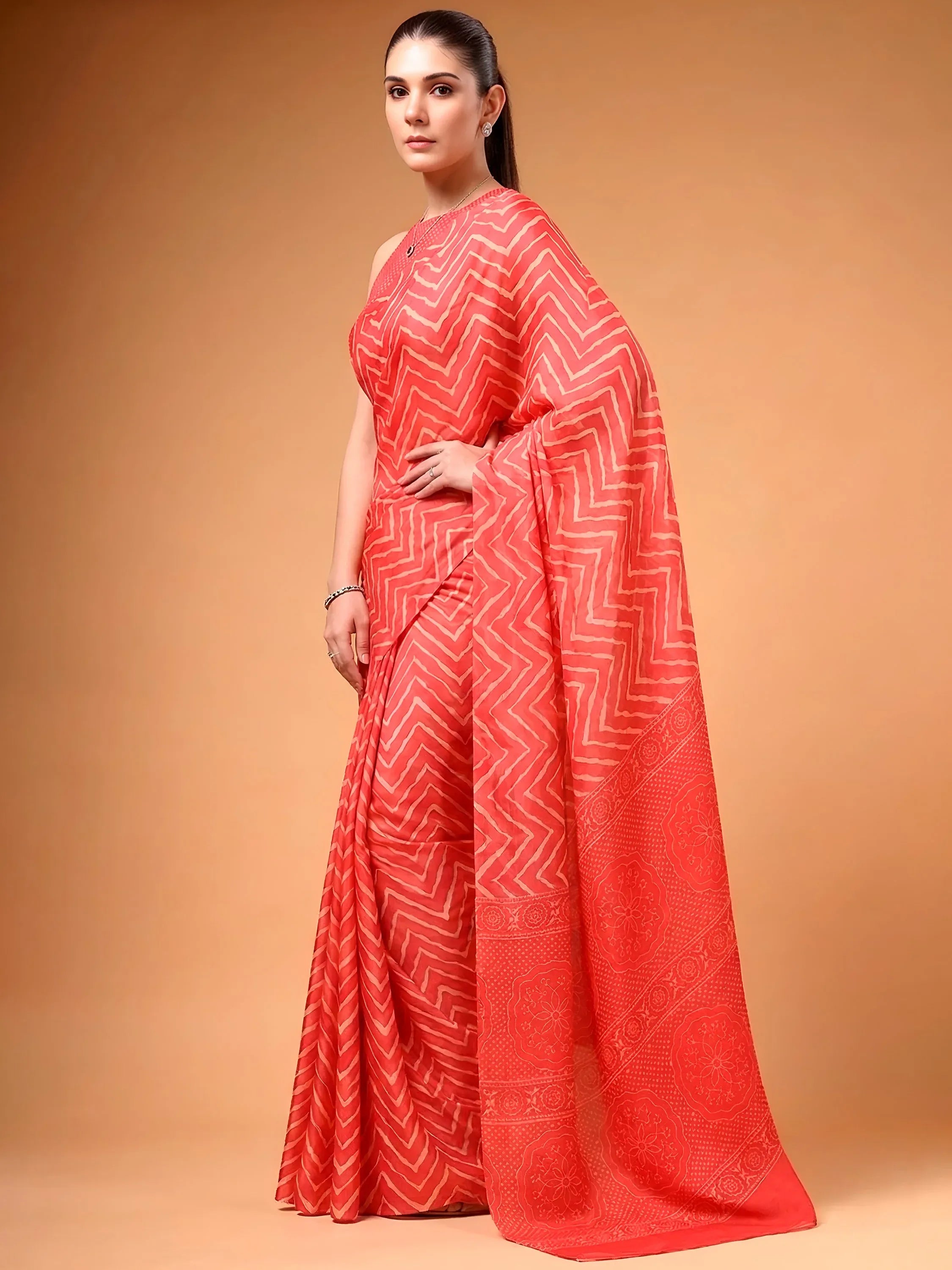 Likeable Coral Red Zig-Zag Printed Satin Wedding Wear Saree With Blouse