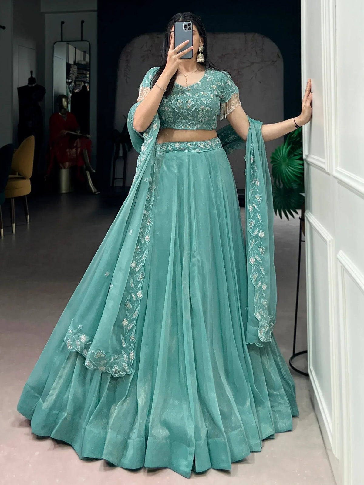 Stunning Sea Green Bead Work Organza Mehendi Wear Lehenga With Blouse