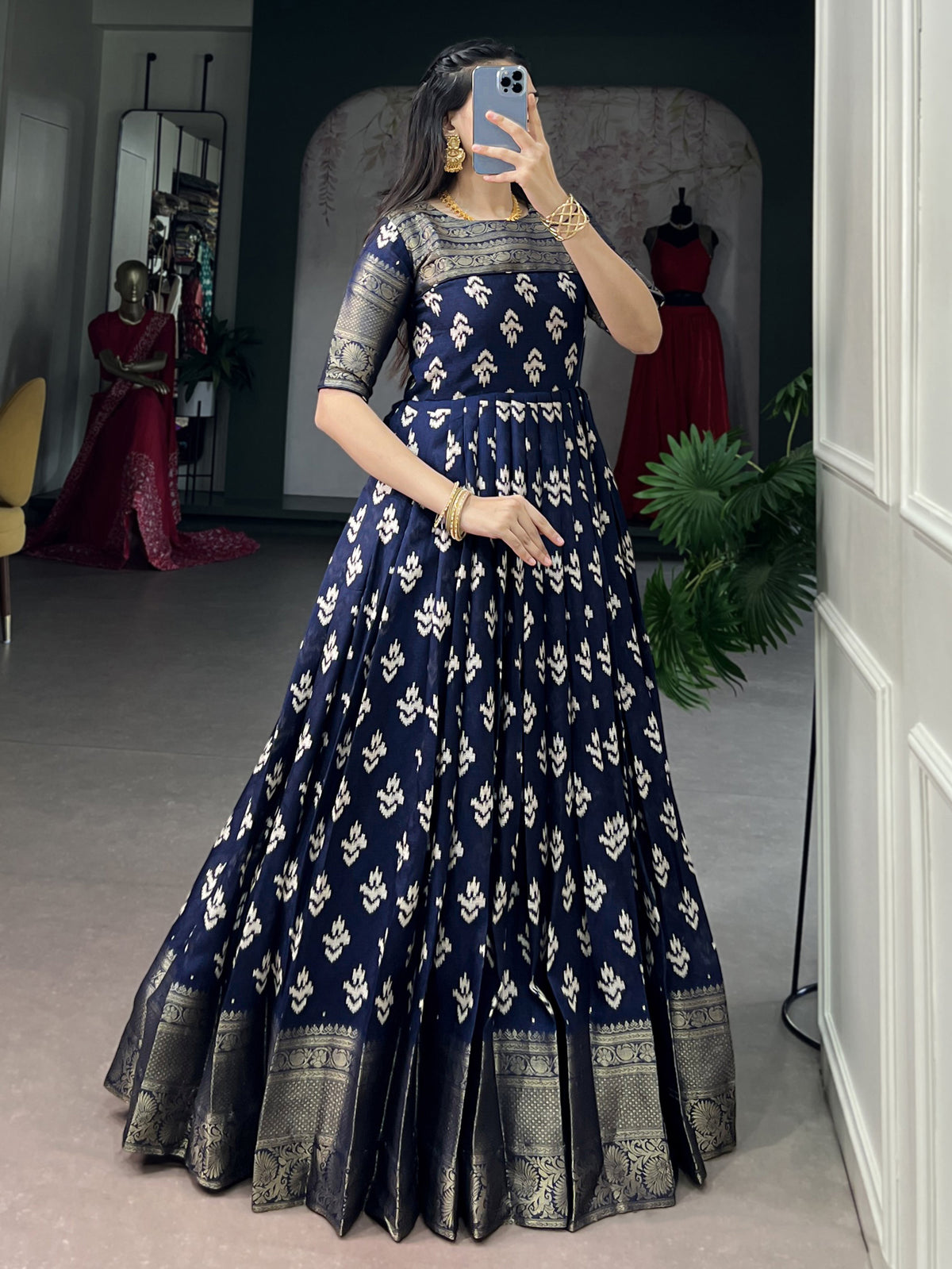 Enchanting Navy Blue Zari Weaving Cotton Festive Wear Gown