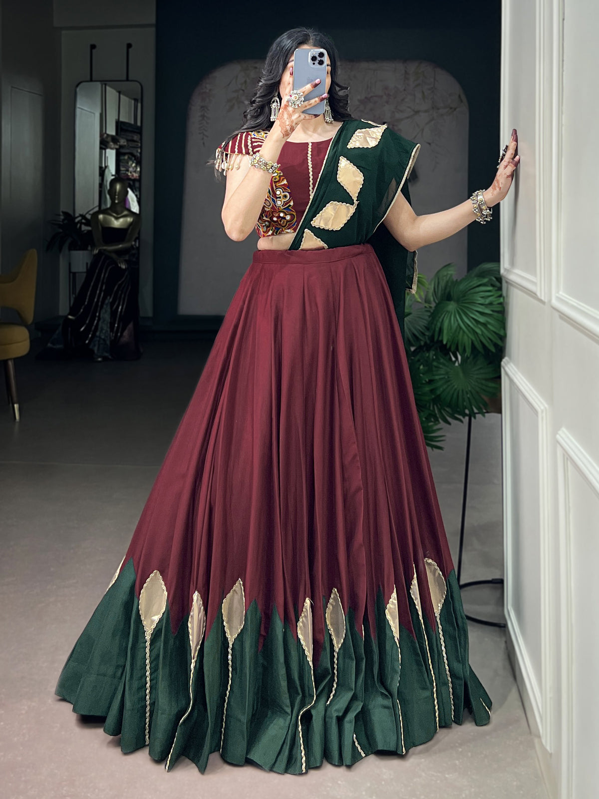 Royal Maroon Patch Work Chinon Navratri Wear Lehenga Choli With Dupatta