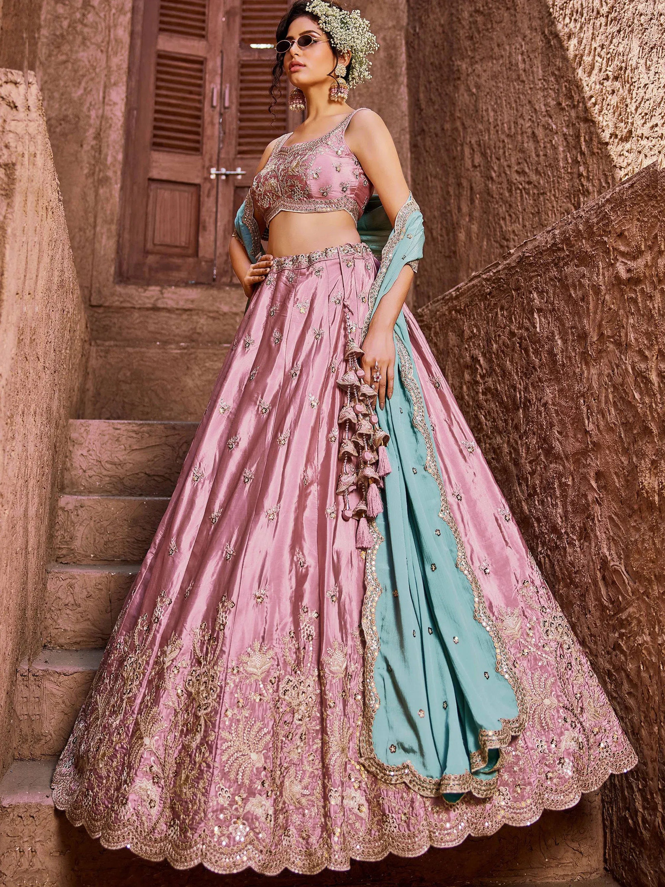 Noteworthy Pastel Pink Sequins Silk Wedding Wear Lehenga Choli