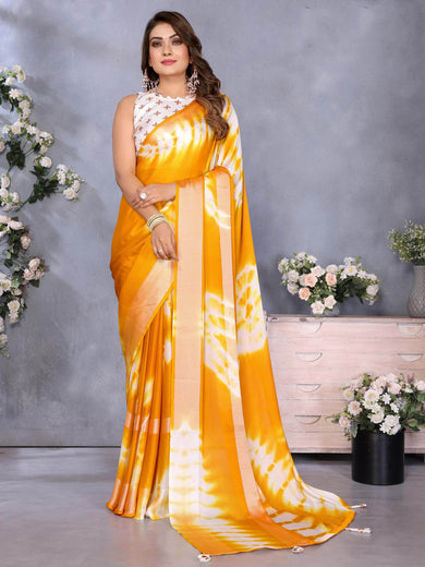 Beautiful Mustard Yellow Shibori Printed Saree With Blouse